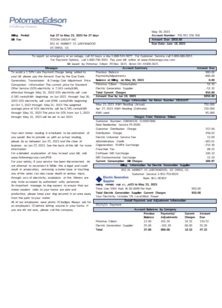 Potomac Edison utility business bill, page 1, SCR PSD template